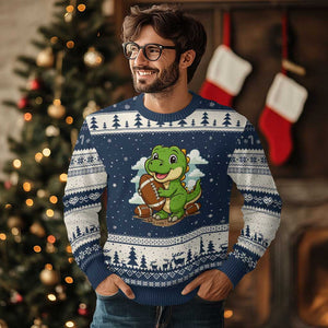 Cute Dinosaur Playing Football Ugly Christmas Sweater Funny Kids Gift TS12 Navy Beige Print Your Wear