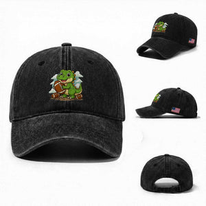 Cute Dinosaur Playing Football Washed Cotton Baseball Cap Funny Kids Gift TS12 Washed Cap Universal Fit Black Print Your Wear