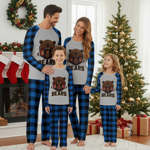 Football Player Gift Plaid Pajama Set Fierce Bear Biting Ball TS12 Blue Plaid Print Your Wear