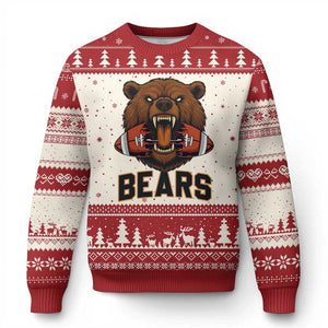 Football Player Gift Ugly Christmas Sweater Fierce Bear Biting Ball TS12 Beige Red Print Your Wear