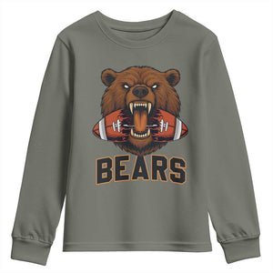 Football Player Gift Youth Sweatshirt Fierce Bear Biting Ball TS12 Military Green Print Your Wear