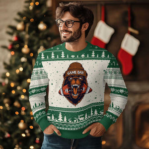 Game Day Fierce Bear Biting Ball Ugly Christmas Sweater Football Player Gift TS12 Beige Green Print Your Wear