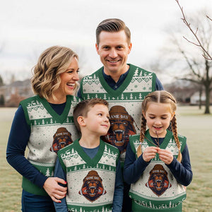 Game Day Fierce Bear Biting Ball V-Neck Knit Sweater Vest Football Player Gift TS12 Beige Green Print Your Wear