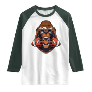 Game Day Fierce Bear Biting Ball Raglan Shirt Football Player Gift TS12 White Dark Forest Green Print Your Wear