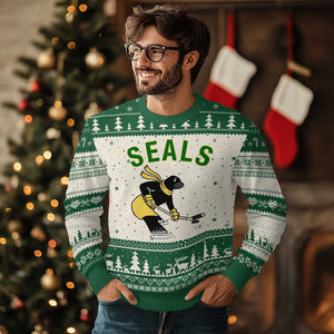 Funny Seal Ice Hockey Player Ugly Christmas Sweater Winter Sports Gift TS12 Beige Green Print Your Wear