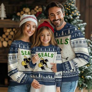 Funny Seal Ice Hockey Player Ugly Christmas Sweater Winter Sports Gift TS12 Beige Navy Print Your Wear