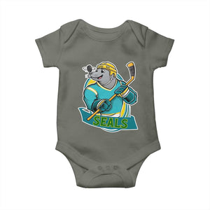 Cute Seal Playing Ice Hockey Baby Onesie Funny Winter Sports Gift TS12 Military Green Print Your Wear