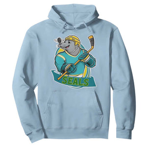 Cute Seal Playing Ice Hockey Hoodie Funny Winter Sports Gift TS12 Light Blue Print Your Wear