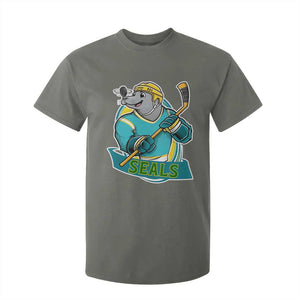 Cute Seal Playing Ice Hockey T Shirt For Kid Funny Winter Sports Gift TS12 Military Green Print Your Wear