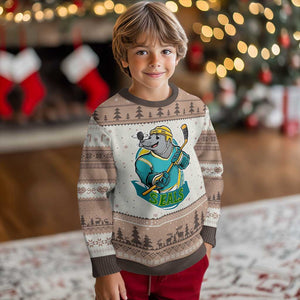 Cute Seal Playing Ice Hockey Ugly Christmas Sweater Funny Winter Sports Gift TS12 Mocha Mousse Print Your Wear