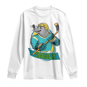 Cute Seal Playing Ice Hockey Long Sleeve Shirt Funny Winter Sports Gift TS12 White Print Your Wear