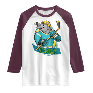 Cute Seal Playing Ice Hockey Raglan Shirt Funny Winter Sports Gift TS12 White Maroon Print Your Wear