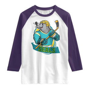 Cute Seal Playing Ice Hockey Raglan Shirt Funny Winter Sports Gift TS12 White Purple Print Your Wear