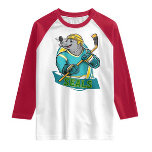 Cute Seal Playing Ice Hockey Raglan Shirt Funny Winter Sports Gift TS12 White Red Print Your Wear