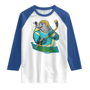 Cute Seal Playing Ice Hockey Raglan Shirt Funny Winter Sports Gift TS12 White Royal Print Your Wear