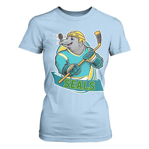 Cute Seal Playing Ice Hockey T Shirt For Women Funny Winter Sports Gift TS12 Light Blue Print Your Wear
