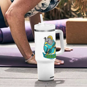 Cute Seal Playing Ice Hockey Tumbler With Handle Funny Winter Sports Gift TS12 Print Your Wear