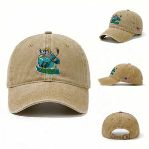 Cute Seal Playing Ice Hockey Washed Cotton Baseball Cap Funny Winter Sports Gift TS12 Washed Cap Universal Fit Khaki Print Your Wear