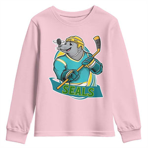 Cute Seal Playing Ice Hockey Youth Sweatshirt Funny Winter Sports Gift TS12 Light Pink Print Your Wear