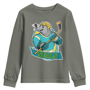 Cute Seal Playing Ice Hockey Youth Sweatshirt Funny Winter Sports Gift TS12 Military Green Print Your Wear