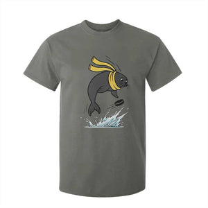 Funny Seal Playing Ice Hockey T Shirt For Kid Winter Sports Gift TS12 Military Green Print Your Wear