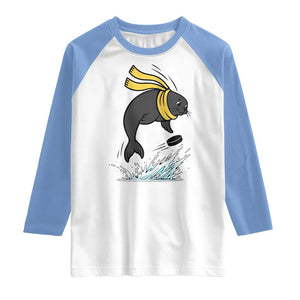 Funny Seal Playing Ice Hockey Raglan Shirt Winter Sports Gift TS12 White Carolina Blue Print Your Wear