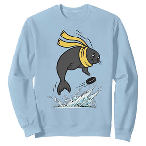 Funny Seal Playing Ice Hockey Sweatshirt Winter Sports Gift TS12 Light Blue Print Your Wear