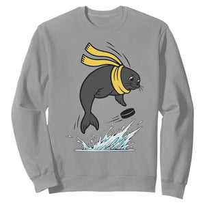 Funny Seal Playing Ice Hockey Sweatshirt Winter Sports Gift TS12 Sport Gray Print Your Wear