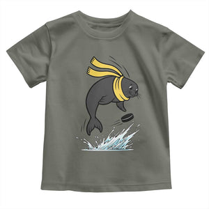 Funny Seal Playing Ice Hockey Toddler T Shirt Winter Sports Gift TS12 Military Green Print Your Wear
