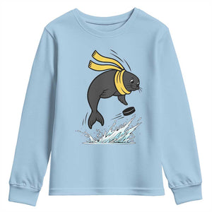 Funny Seal Playing Ice Hockey Youth Sweatshirt Winter Sports Gift TS12 Light Blue Print Your Wear