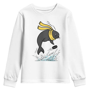 Funny Seal Playing Ice Hockey Youth Sweatshirt Winter Sports Gift TS12 White Print Your Wear
