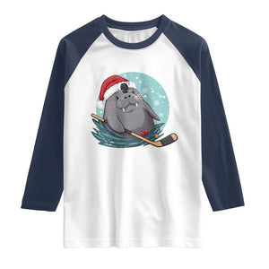 Snowy Seal Ice Hockey Lover Raglan Shirt Funny Christmas Gift TS12 White Navy Print Your Wear