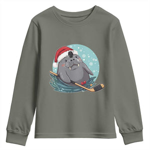 Snowy Seal Ice Hockey Lover Youth Sweatshirt Funny Christmas Gift TS12 Military Green Print Your Wear