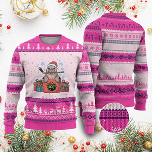 Santa Seal Playing Ice Hockey Ugly Christmas Sweater Funny Xmas Gift TS12 Hot Pink Print Your Wear