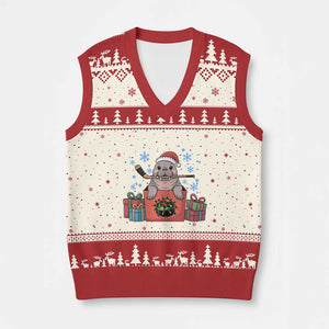 Santa Seal Playing Ice Hockey V-Neck Knit Sweater Vest Funny Xmas Gift TS12 Beige Red Print Your Wear