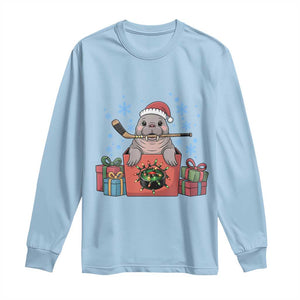 Santa Seal Playing Ice Hockey Long Sleeve Shirt Funny Christmas Gift TS12 Light Blue Print Your Wear
