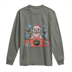 Santa Seal Playing Ice Hockey Long Sleeve Shirt Funny Christmas Gift TS12 Military Green Print Your Wear