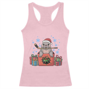 Santa Seal Playing Ice Hockey Racerback Tank Top Funny Christmas Gift TS12 Light Pink Print Your Wear