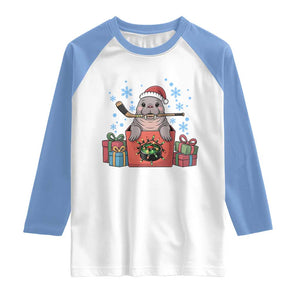 Santa Seal Playing Ice Hockey Raglan Shirt Funny Christmas Gift TS12 White Carolina Blue Print Your Wear