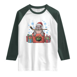 Santa Seal Playing Ice Hockey Raglan Shirt Funny Christmas Gift TS12 White Dark Forest Green Print Your Wear