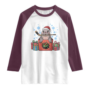 Santa Seal Playing Ice Hockey Raglan Shirt Funny Christmas Gift TS12 White Maroon Print Your Wear