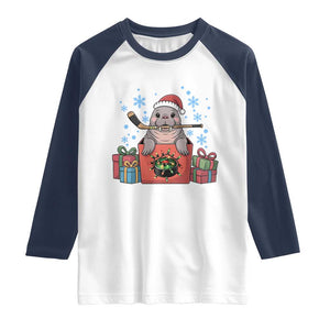 Santa Seal Playing Ice Hockey Raglan Shirt Funny Christmas Gift TS12 White Navy Print Your Wear