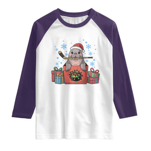 Santa Seal Playing Ice Hockey Raglan Shirt Funny Christmas Gift TS12 White Purple Print Your Wear