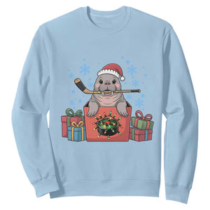 Santa Seal Playing Ice Hockey Sweatshirt Funny Christmas Gift TS12 Light Blue Print Your Wear