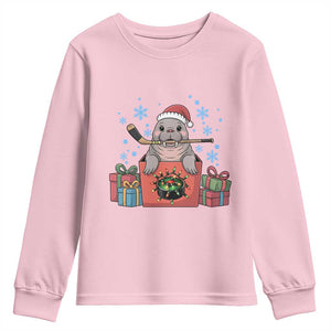 Santa Seal Playing Ice Hockey Youth Sweatshirt Funny Christmas Gift TS12 Light Pink Print Your Wear