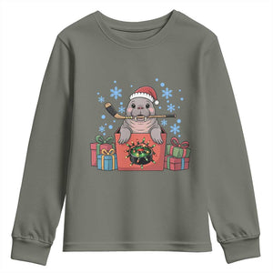 Santa Seal Playing Ice Hockey Youth Sweatshirt Funny Christmas Gift TS12 Military Green Print Your Wear