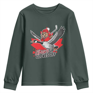 Elbows Up Gloves Off Youth Sweatshirt Canadian Ice Hockey Beaver Gift TS12 Dark Forest Green Print Your Wear