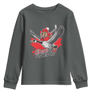 Elbows Up Gloves Off Youth Sweatshirt Canadian Ice Hockey Beaver Gift TS12 Dark Heather Print Your Wear