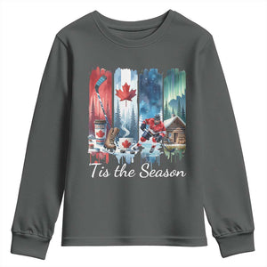Christmas Canada Ice Hockey Lover Youth Sweatshirt Tis The Season TS12 Dark Heather Print Your Wear