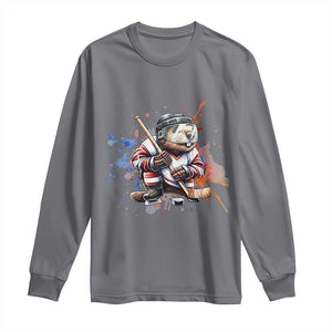 Funny Beaver Playing Ice Hockey Long Sleeve Shirt Winter Sports Gift TS12 Charcoal Print Your Wear